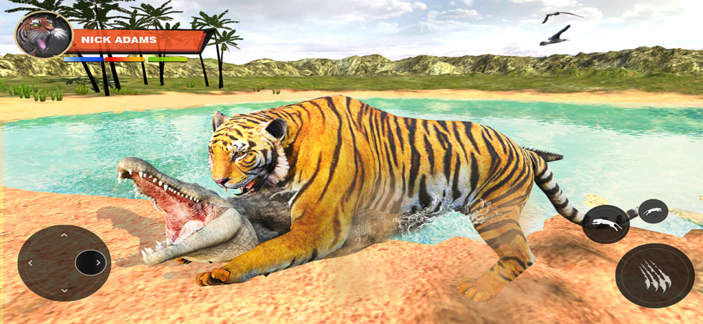 3D gameplay of a tiger fighting a crocodile in The Hunter Animal Hunting