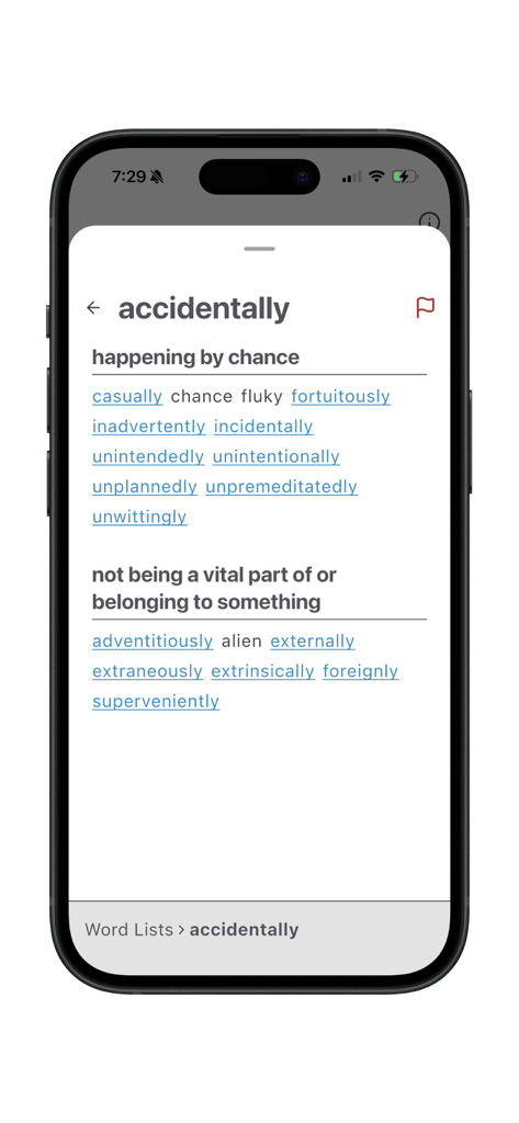 Recurso de tesauro no aplicativo IEW Writing Toolbox mostrando sinônimos para a palavra acidentalmente categorizados por significado.