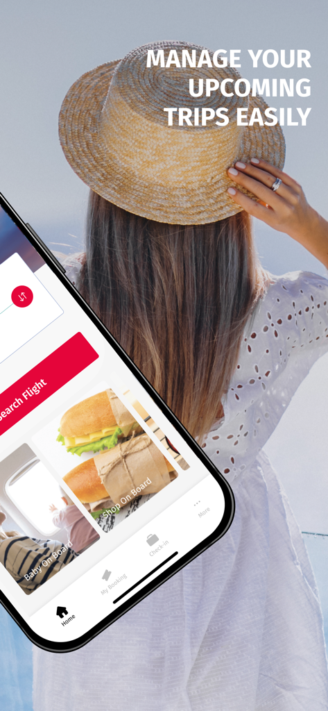 AnimaWings app interface for managing upcoming travel and on-board services against a vacation background