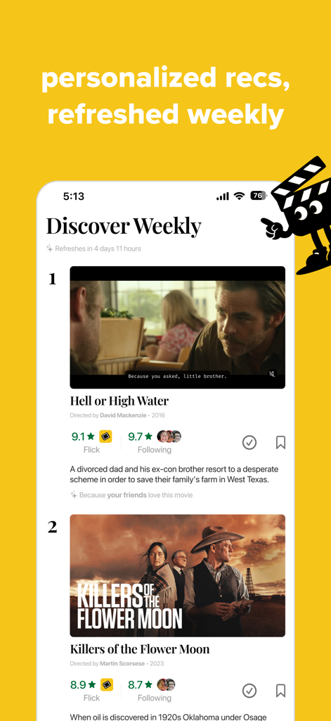 Flick: Rate Movies & Shows - Flick app Discover Weekly screen with personalized movie recommendations