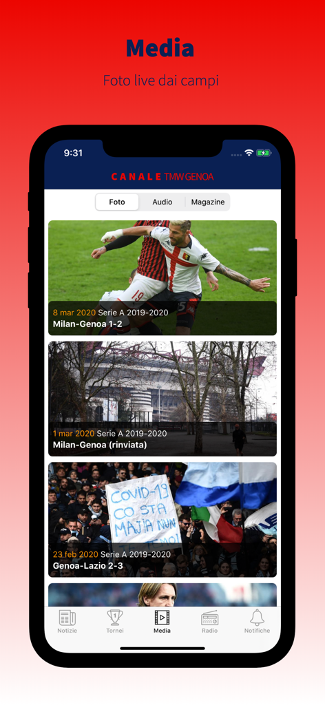 Canale TMW Genoa - Screenshot of the Canale TMW Genoa app media section displaying live match photos and football results