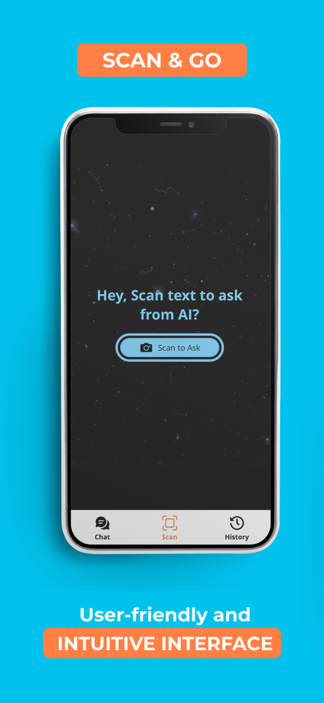 Travel AI - Chatbot - Captura de pantalla de una aplicación móvil que muestra la función de escaneo y uso de Travel AI con un fondo estrellado e interfaz intuitiva