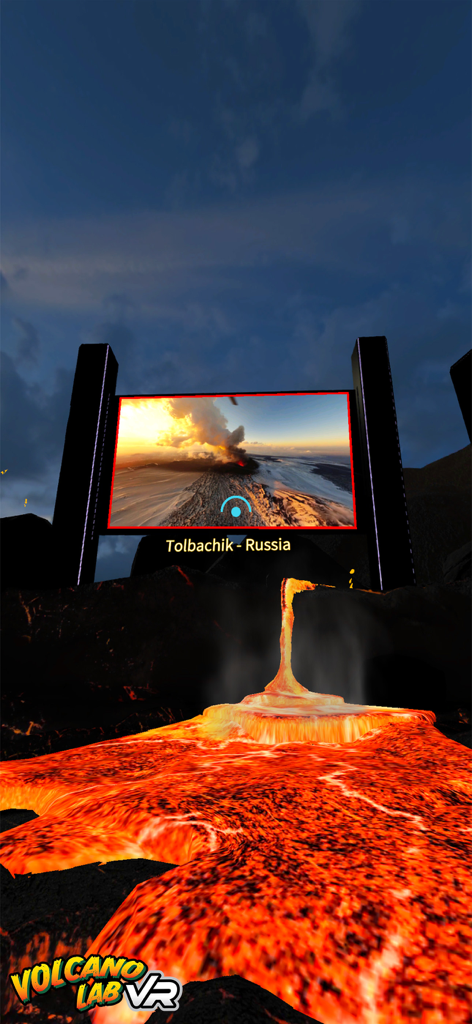 Steam Lab VR - An immersive virtual reality educational scene featuring a flowing lava river and a screen showing a volcanic eruption in Russia