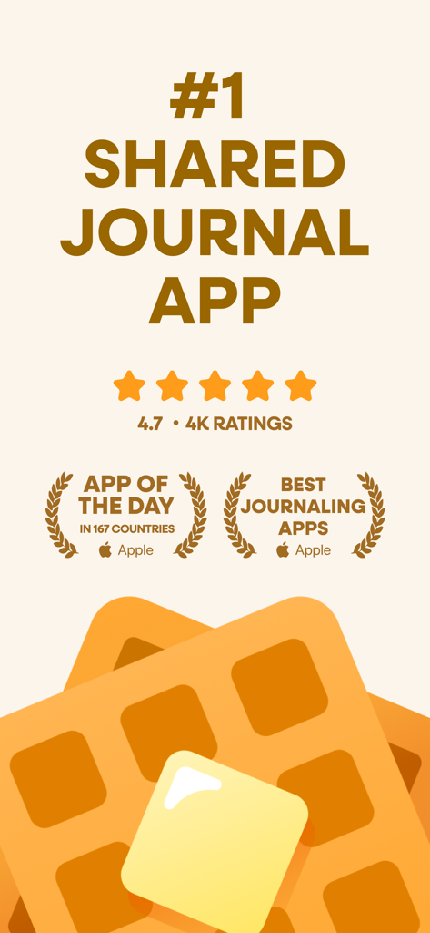Waffle: Shared Journal - Promotional graphic for Waffle Shared Journal app highlighting its number one ranking and Apple store awards