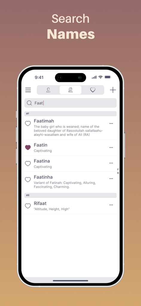 Search screen of the Muslim Baby Names Finder app showing results for girl names with their meanings