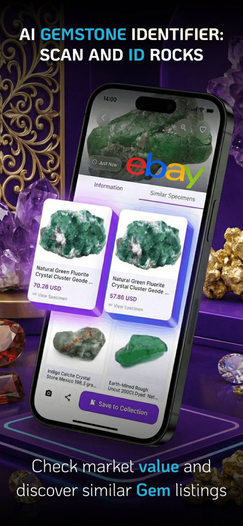 Interfaz de la aplicación Rockfy mostrando la identificación de gemas y estimaciones de valor de mercado