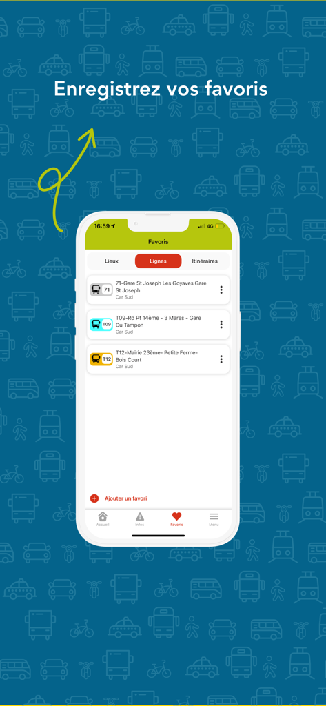 CARSUD - Screenshot of the CARSUD app favorites screen showing saved bus lines with their route numbers and destinations