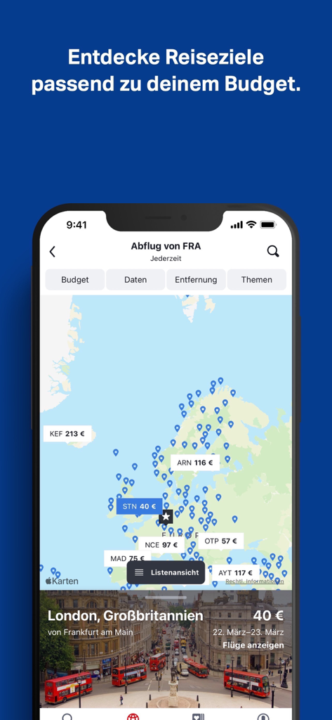 SWOODOO: Flüge, Hotels & Autos - Interface do aplicativo SWOODOO exibindo um mapa da Europa com preços de voos para diferentes destinos com base no orçamento de um usuário.