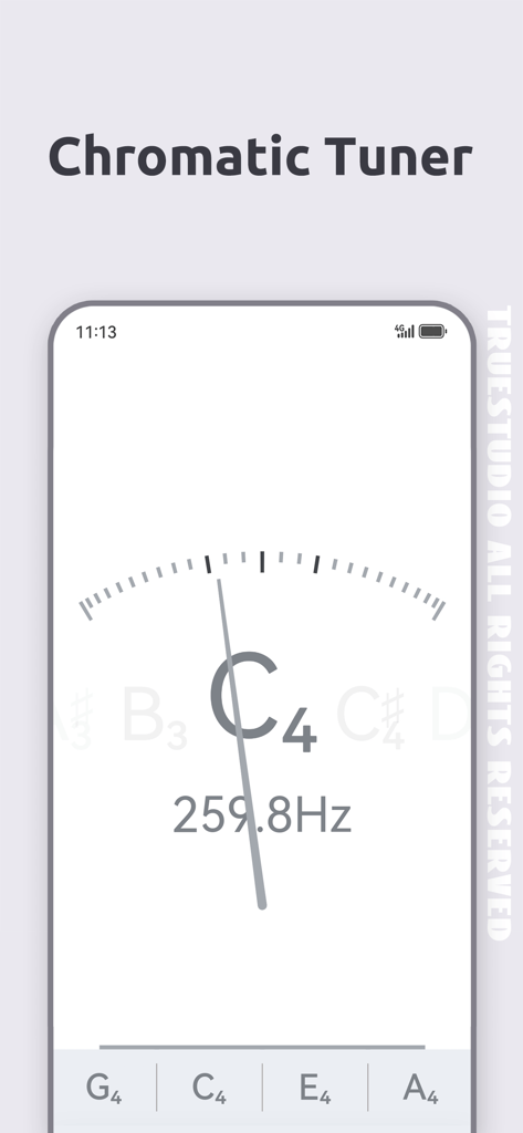 Ukulele Tuner - Ukutuna - Screenshot dell'app Accordatore per Ukulele che mostra il suo accordatore cromatico con un ago e una lettura di frequenza per la nota Do4