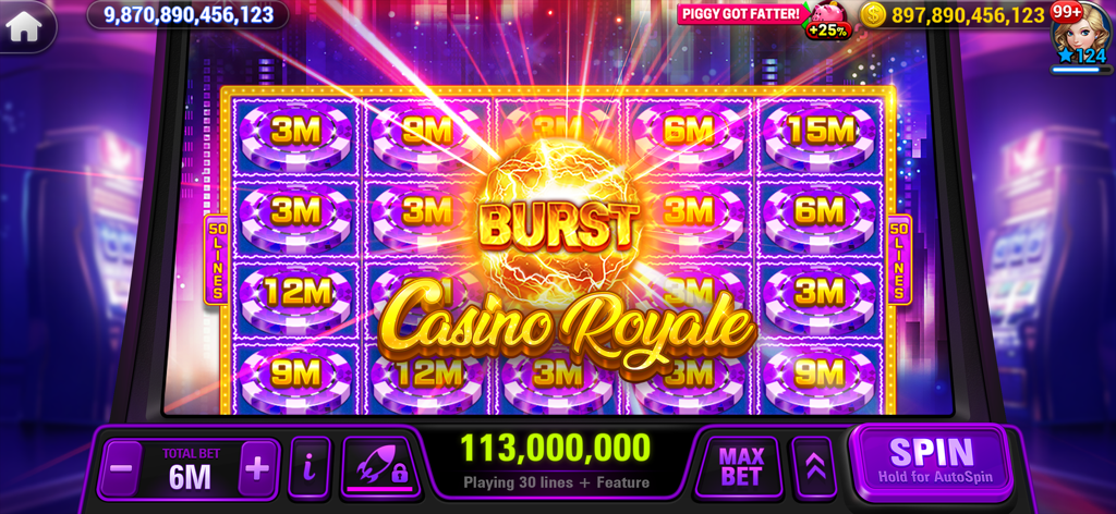 HighRoller Vegas Casino Royale Spielautomaten-Bildschirm mit einem großen Gewinn durch die Burst-Funktion