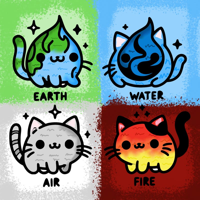 4 cats that represent the different elements, earth, water, air, and fire