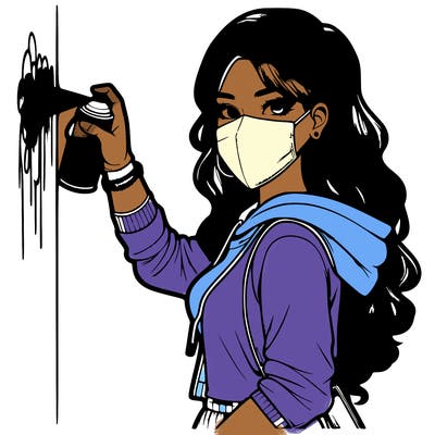 realistic girl with mask spray painting a wall