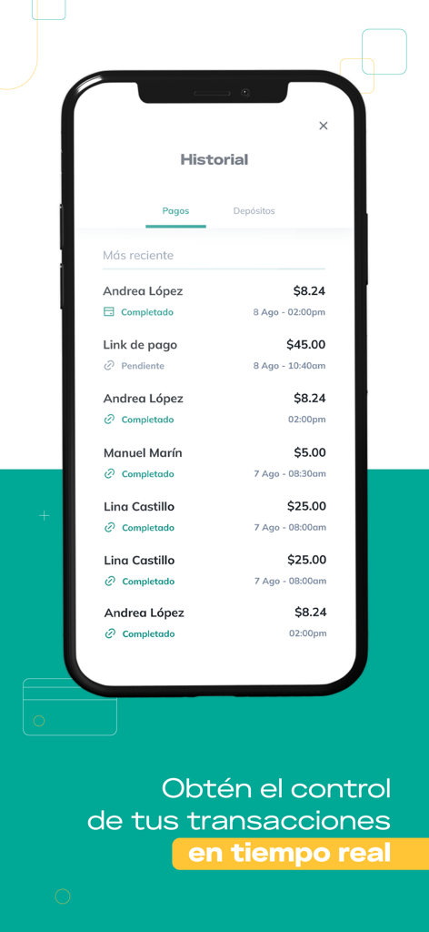 Cubo Pago - Interface of Cubo Pago app showing real-time transaction history for a small business.