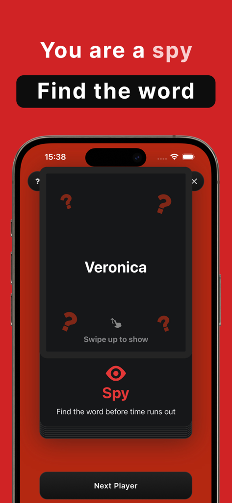 Interfaccia dell'app mobile che mostra un giocatore assegnato come spia nel gioco di società Spy.