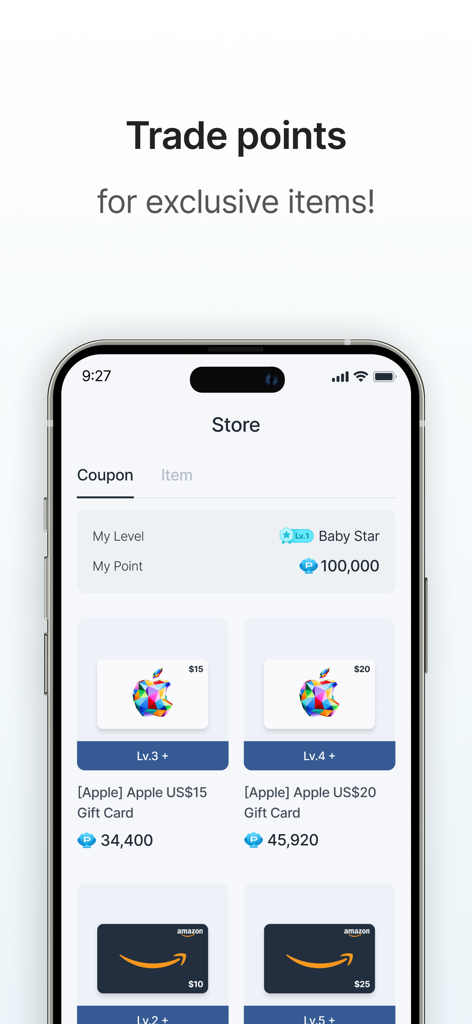The FABLO app store interface showing options to trade earned points for Apple and Amazon gift card rewards.