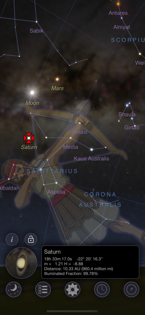 StarMap 3D+ Plus - StarMap 3D Plusインターフェースにいて座と土星の詳細な惑星データが表示されています