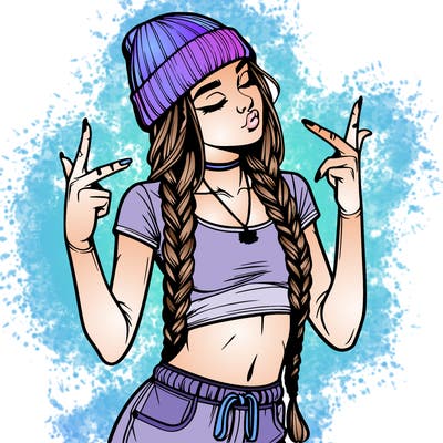 realistic teenage girl with braids and a beanie and crop top doing 🫶🏼