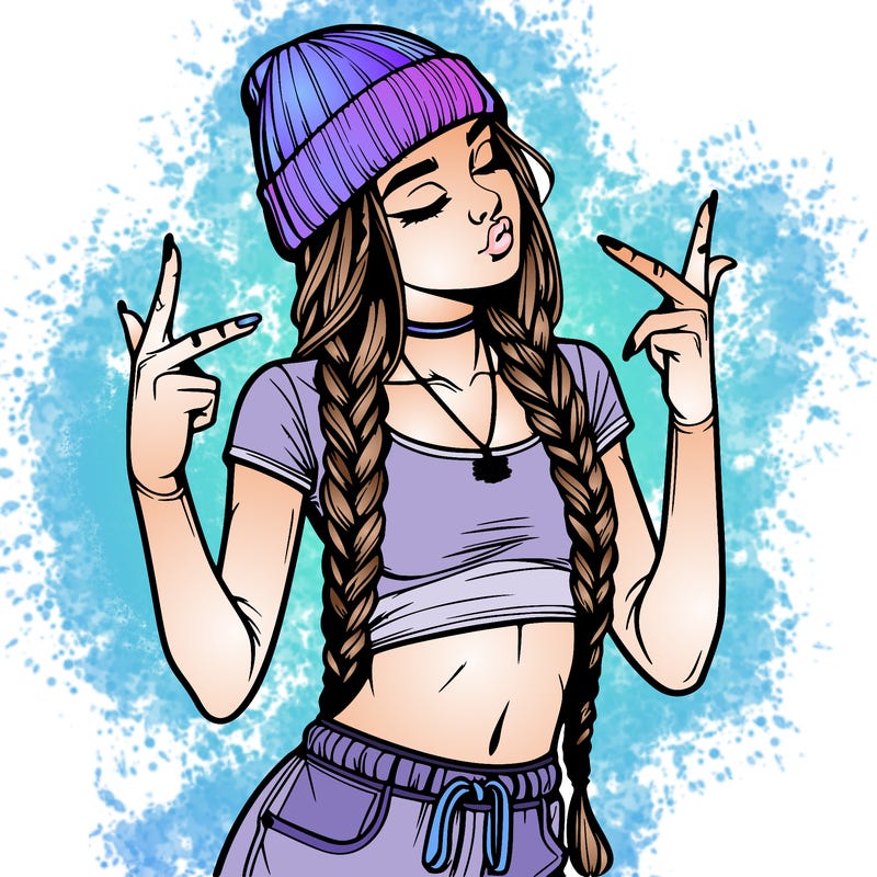 realistic teenage girl with braids and a beanie and crop top doing 🫶🏼