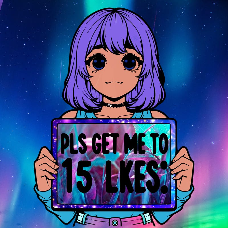 realistic girl holding up a sign that says “pls get me to 15 likes!”