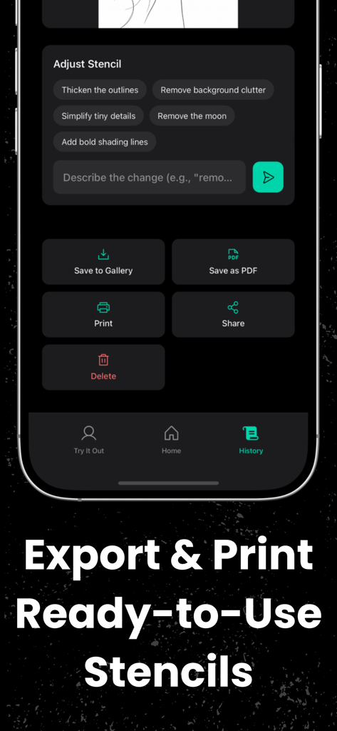 Mobile screen showing options to save, print, and share tattoo stencils in the Stencify app