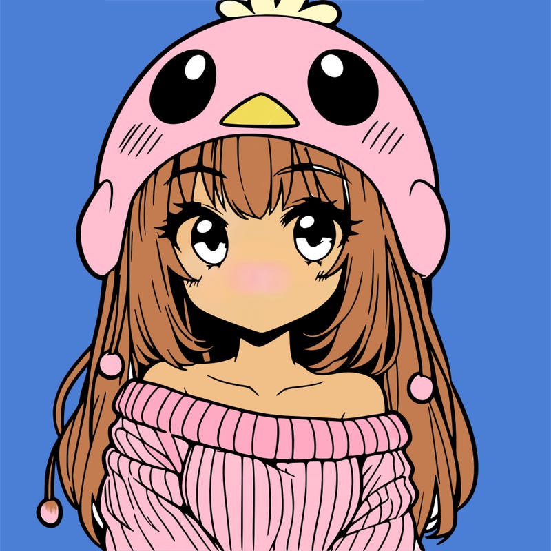 anime girl with chick shaped hat with sweater with bare shoulders with bangs covering them one eye with low tail