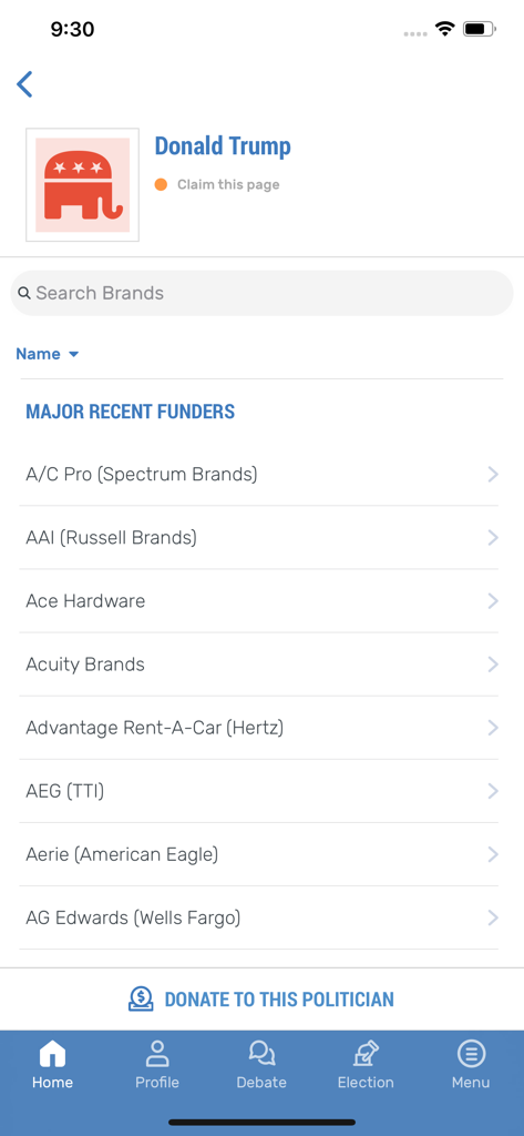 Tela do aplicativo Goods Unite Us mostrando os principais financiadores corporativos de um político