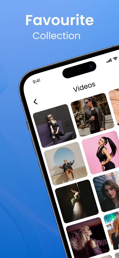 FSaver : Video Saver - Interfaz de la aplicación FSaver que muestra una cuadrícula de videos guardados en la sección Colección Favorita.