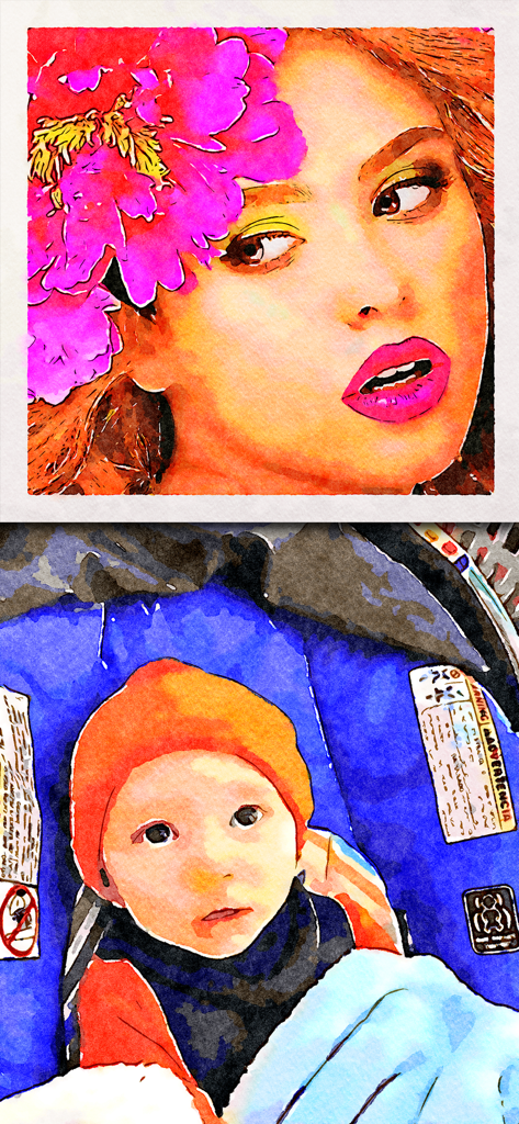 Portraits de style peinture aquarelle d'une femme avec une fleur et un bébé portant un chapeau orange.