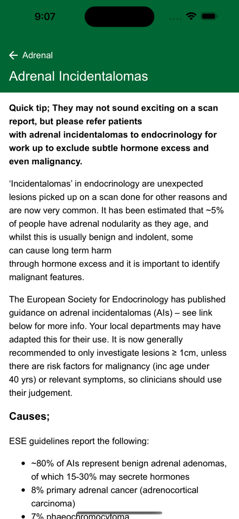 Buku Medicine - Clinical guidance page in the Buku Medicine app detailing the causes and management of adrenal incidentalomas.