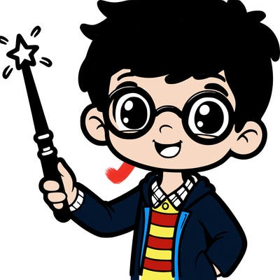 boy with glasses holding a wand