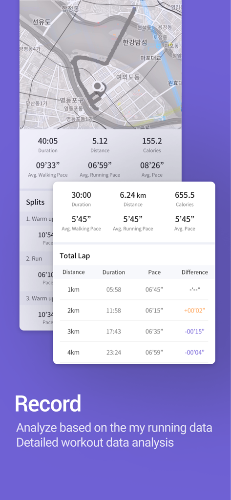 RunDay app workout record screen showing running map and lap analysis