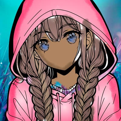 anime girl with long braids and hoodie