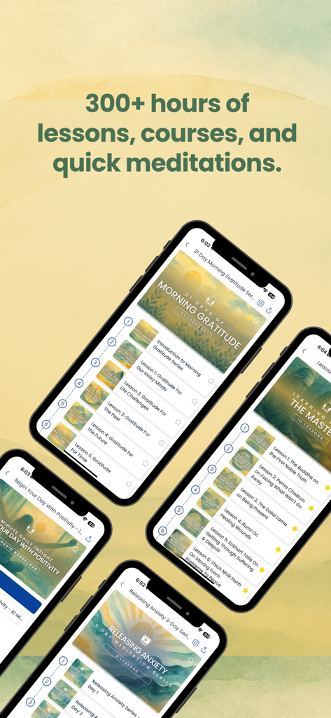 Meditation School Inc. - Screenshots of Meditation School app displaying various courses including Morning Gratitude and Releasing Anxiety