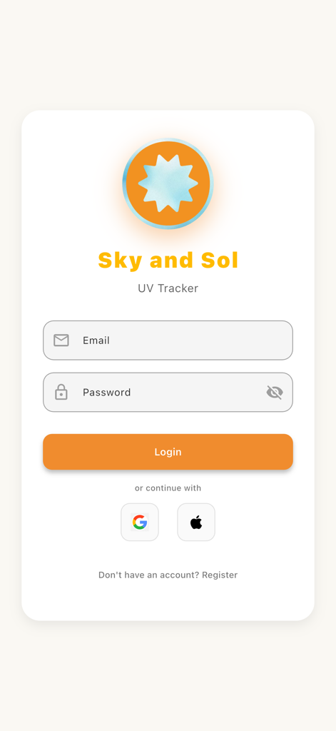Tela de login para o aplicativo Sky and Sol UV Tracker com campos de e-mail e senha com opções de login social para Google e Apple