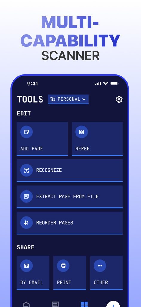 A mobile app interface displaying document management tools including merge recognize and share options