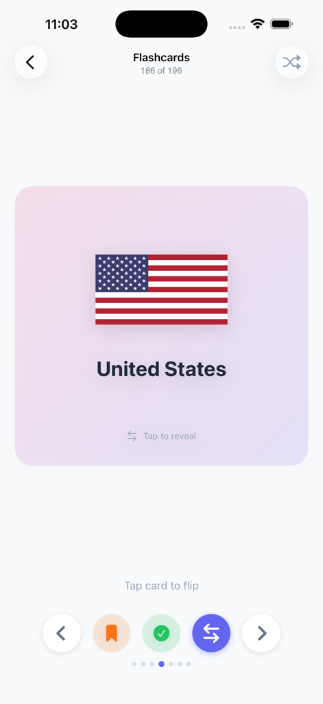 Geography Games. - A geography flashcard showing the United States flag and country name in the app interface.