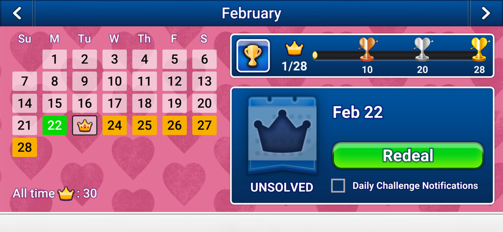 Calendar view of February daily challenges in Classic Solitaire NETFLIX with trophy progress
