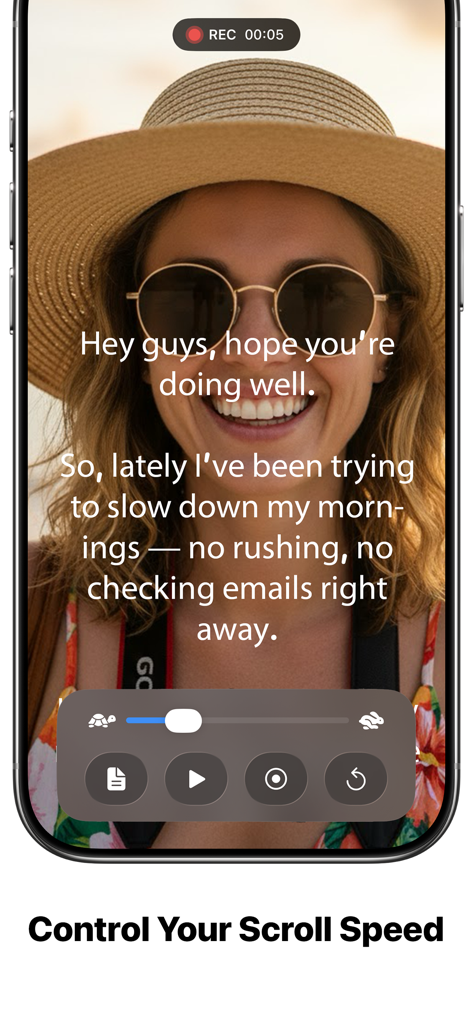 TeleFlow - TeleFlow app interface showing video recording with adjustable teleprompter scroll speed.
