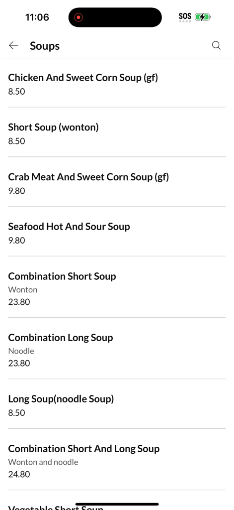 Avalon Chinese Restaurant - Une liste de soupes disponibles sur l'application mobile Avalon Chinese Restaurant, y compris la soupe au poulet et maïs sucré et la soupe wonton