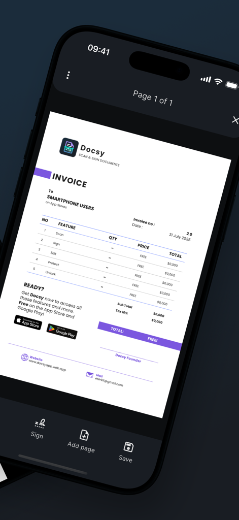Pantalla de iPhone mostrando la aplicación Docsy escaneando una factura con opciones para firmar y guardar