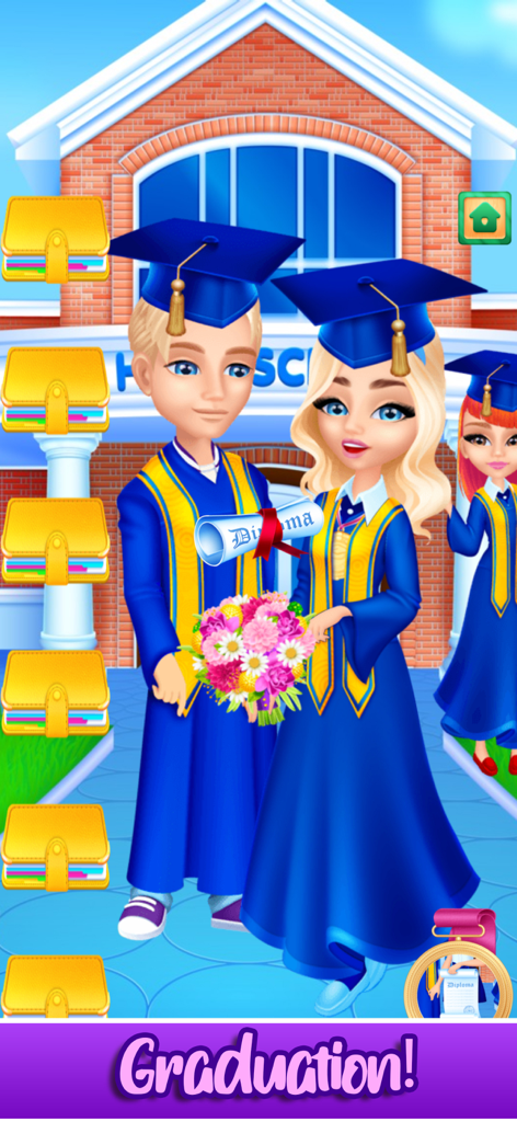Girls High School Makeup Salon - Personnages garçon et fille en toges de remise de diplômes bleues et casquettes tenant un diplôme et des fleurs devant une école