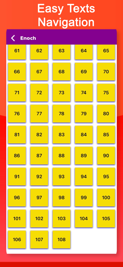 A screen displaying a grid of numbered squares for easy chapter navigation within the Book of Enoch app.