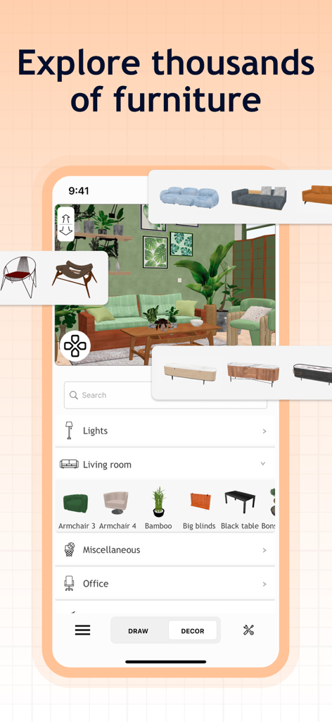 Sweet Home 3D: Plan Your House - 家具アイテムのカタログと装飾オプションが表示された、Sweet Home 3Dアプリの3Dリビングルームデザイン画面