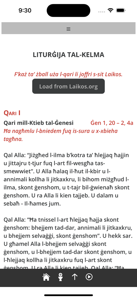 Il-Brevjar - Il-Brevjar app interface showing a Liturgy of the Word reading in the Maltese language