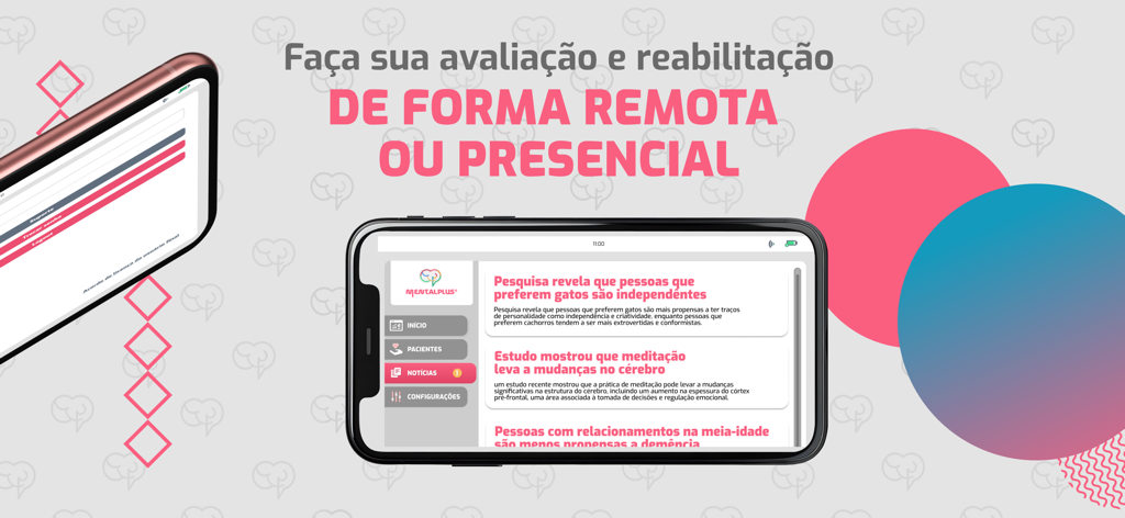 MentalPlus® - Interfaccia dell'app MentalPlus su uno smartphone che evidenzia la valutazione e riabilitazione cognitiva remota o di persona