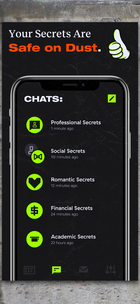 Dust app interface displaying various encrypted chat categories including professional, social, and financial secrets on a dark background