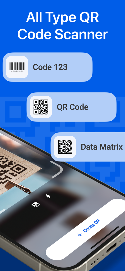 Your QR Code & Barcode Scanner - La interfaz de la aplicación de escáner de QR y códigos de barras mostrando soporte para múltiples formatos de códigos, incluyendo códigos QR y Data Matrix