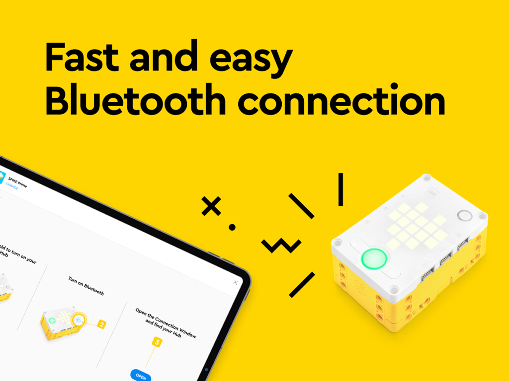 Lego Spike Education app showing fast and easy Bluetooth connection instructions on an iPad