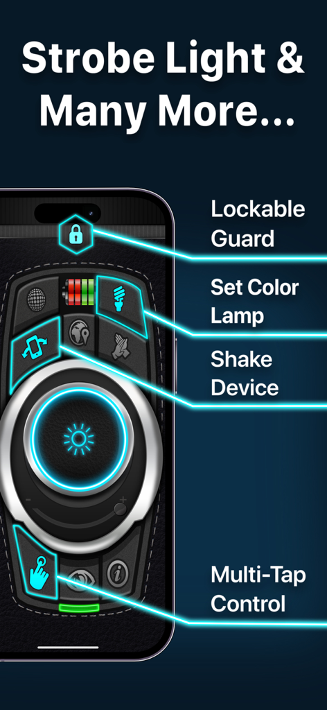 Best Flash Light - Flashlight - Interfaz de la aplicación linterna destacando funciones como luz estroboscópica y control de movimiento.