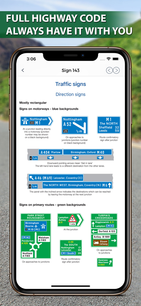 Mobile app screen displaying various UK motorway and primary route traffic signs